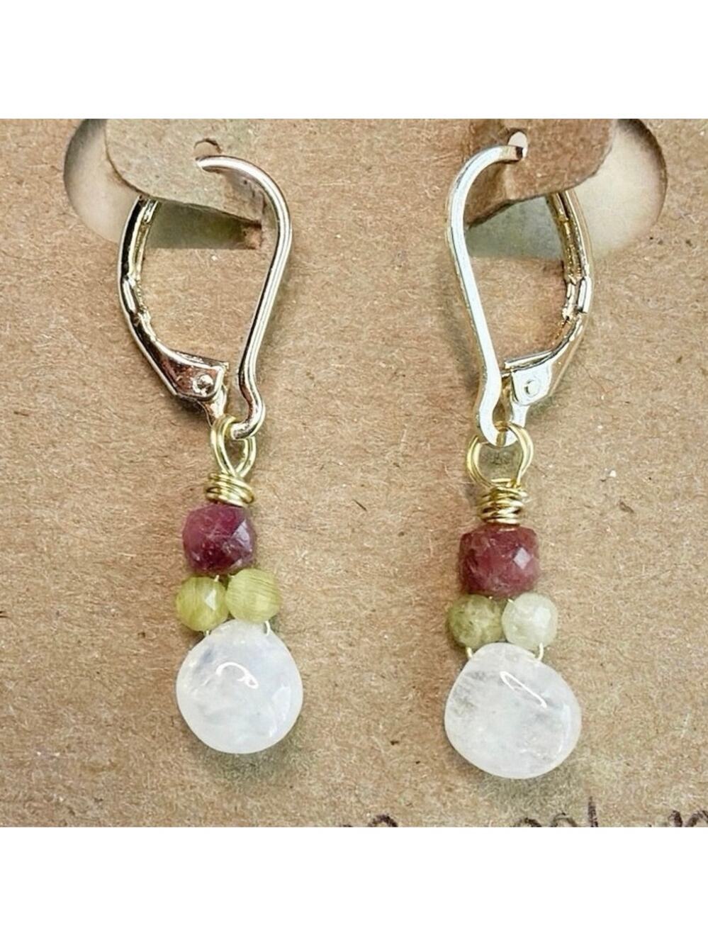 Gemstone Earrings, Rainbow Moonstone, Pink Amethyst & Serpentine 14K Gold Filled